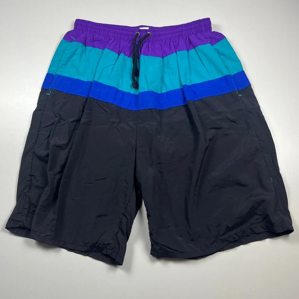 Vintage Towncraft Mens Colorblock Swim Trunks XL Tall Purple Teal Black USA Made